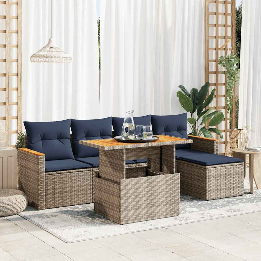 6-delige Loungeset met kussens poly rattan grijs