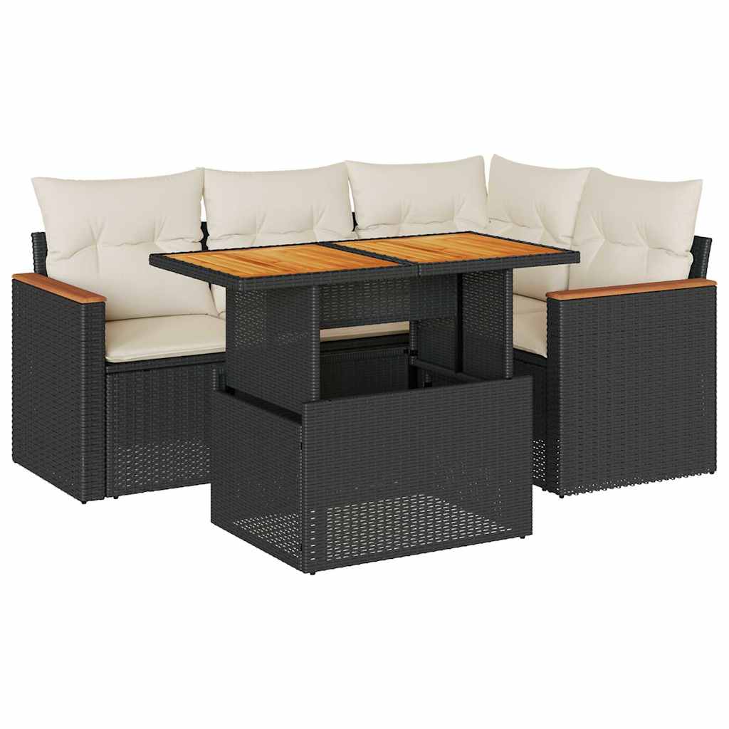 5-delige Loungeset met kussens poly rattan acacia zwart