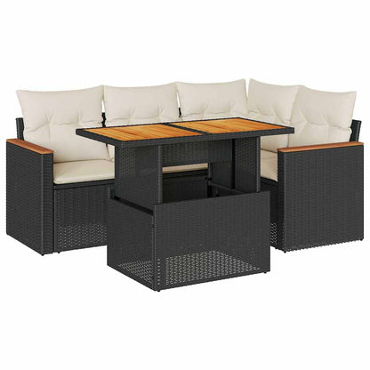 5-delige Loungeset met kussens poly rattan acacia zwart