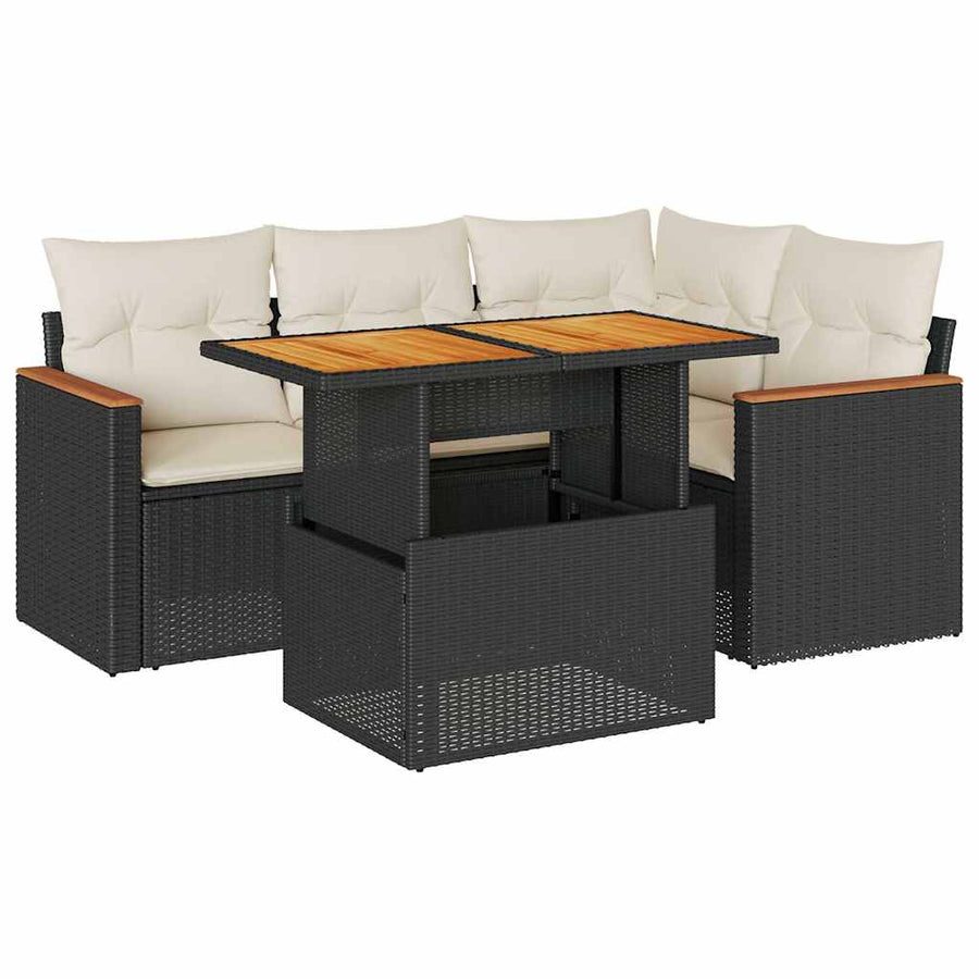 5-delige Loungeset met kussens poly rattan acacia zwart