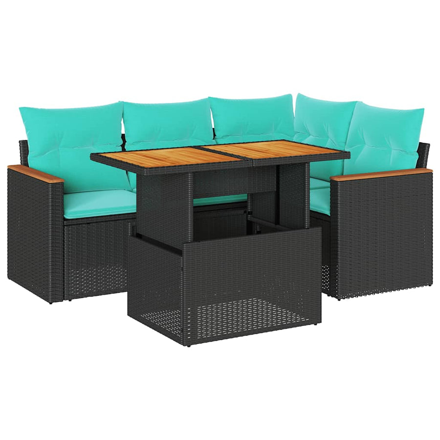 5-delige Loungeset met kussens poly rattan zwart