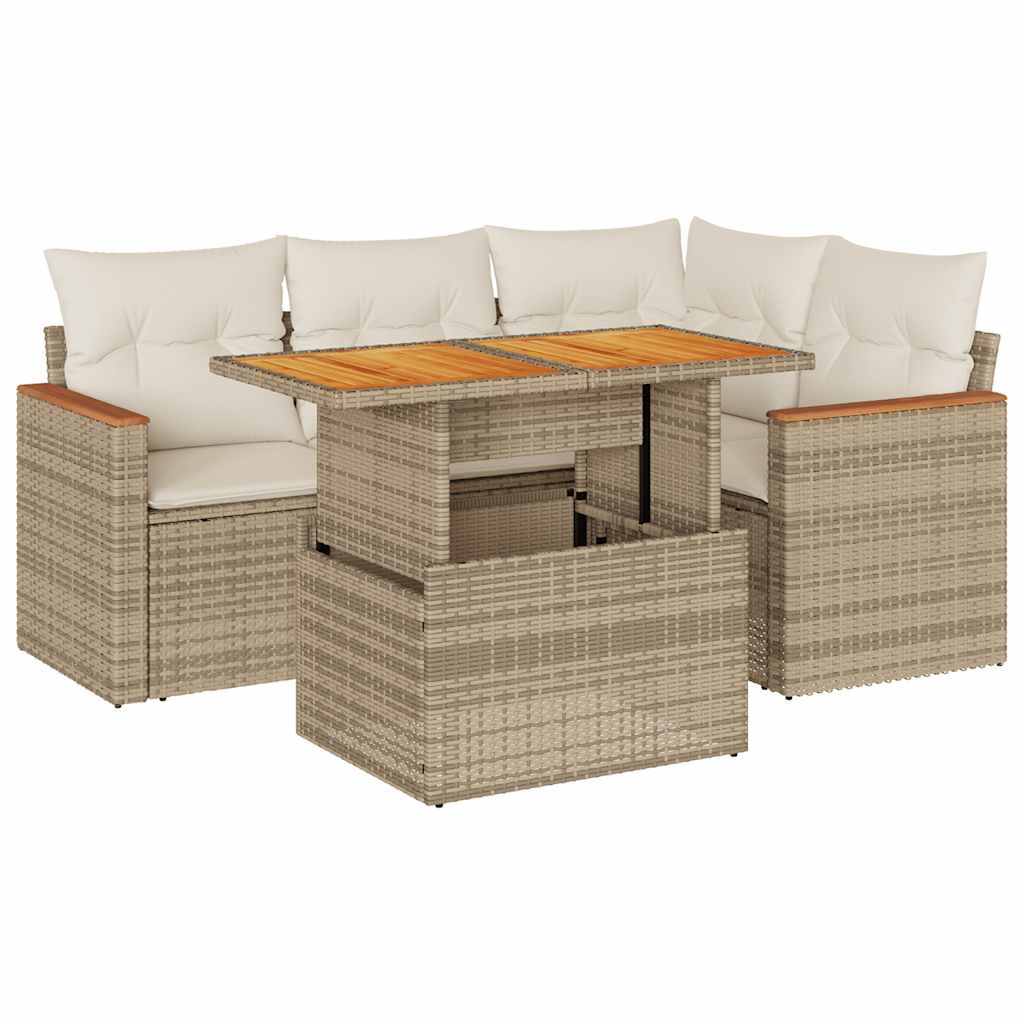 5-delige Loungeset met kussens poly rattan en acaciahout beige