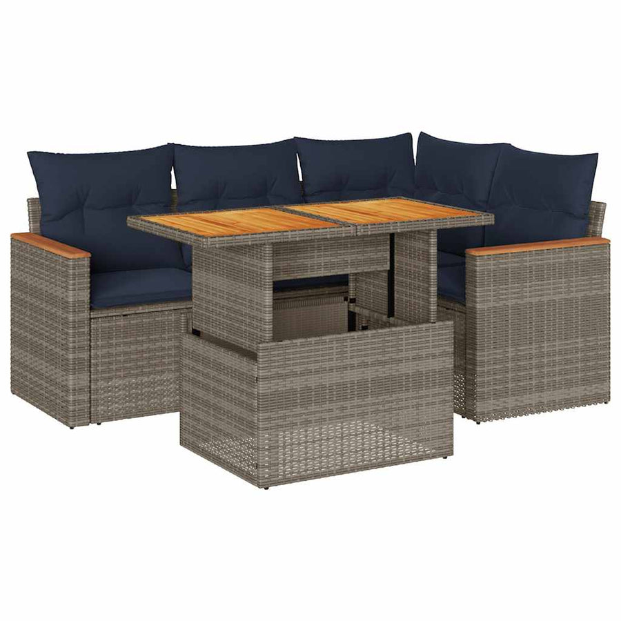 5-delige Loungeset met kussens poly rattan grijs