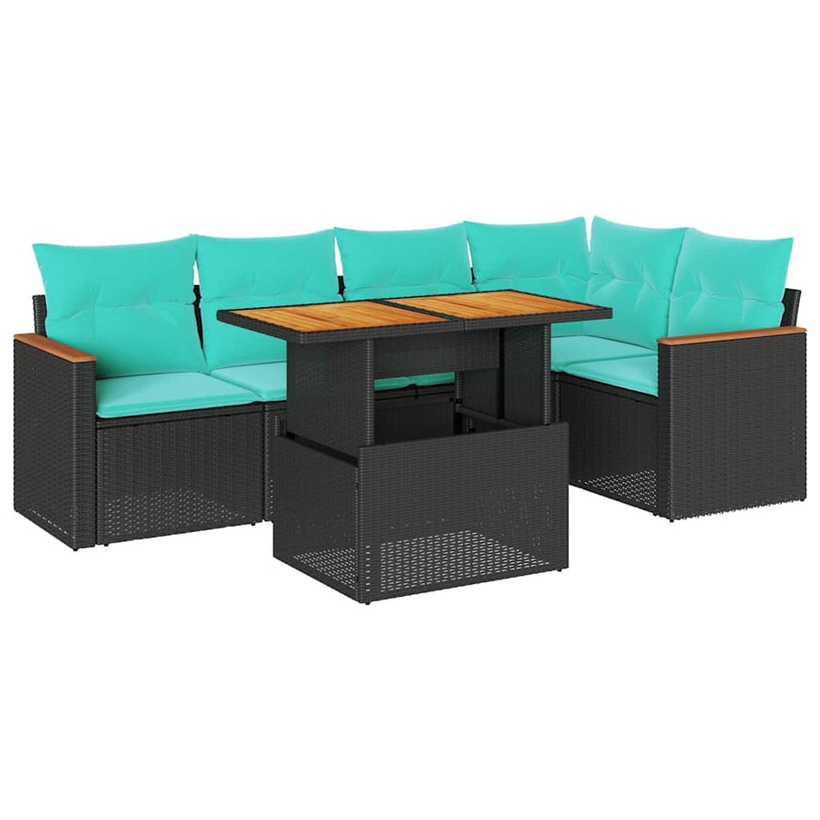 6-delige Loungeset met kussens poly rattan zwart