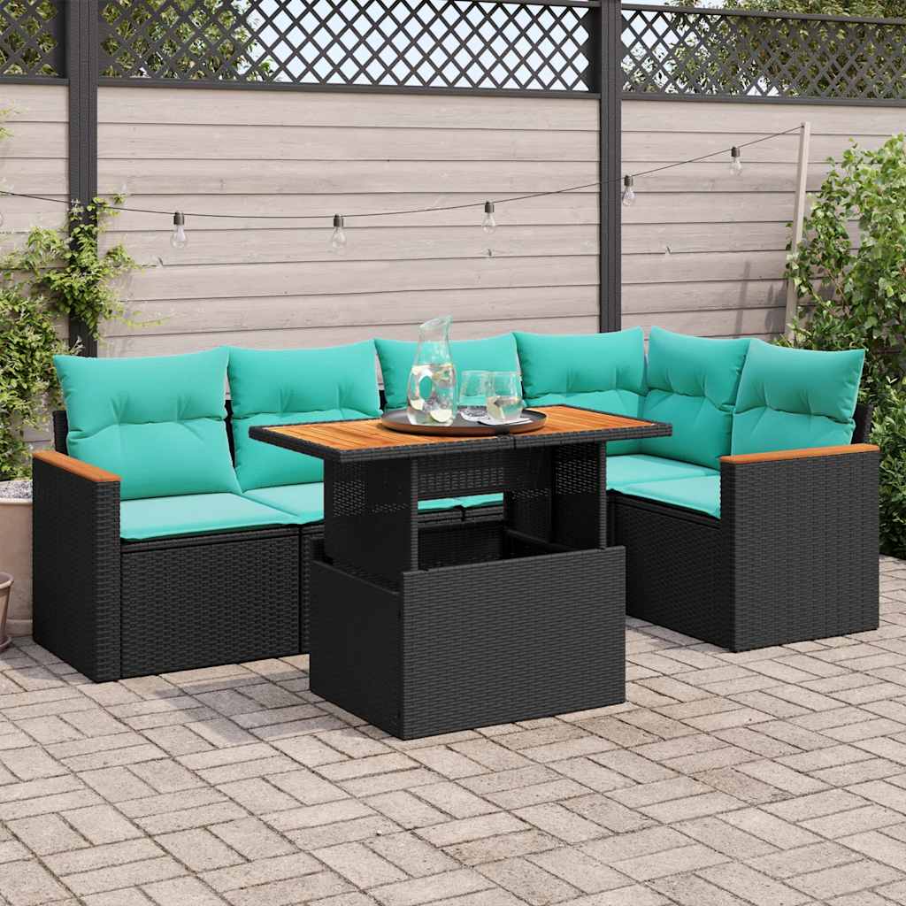 6-delige Loungeset met kussens poly rattan zwart