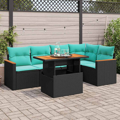 6-delige Loungeset met kussens poly rattan zwart