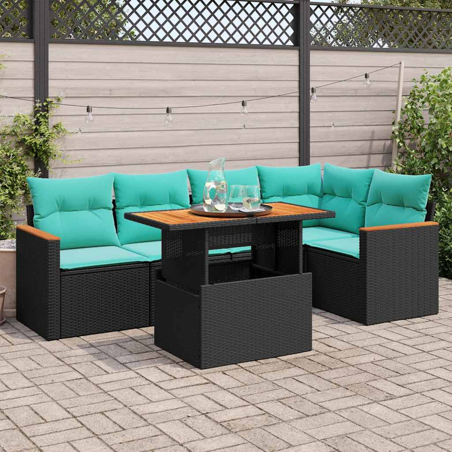 6-delige Loungeset met kussens poly rattan zwart