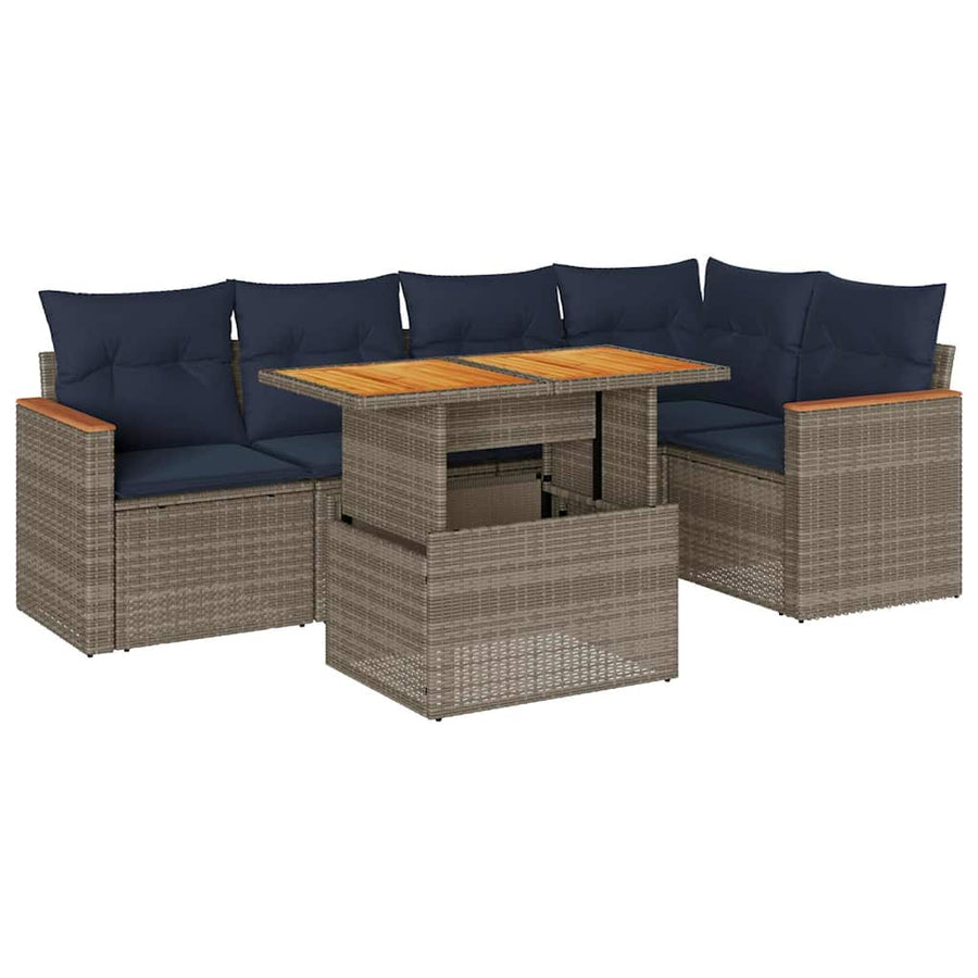 6-delige Loungeset met kussens poly rattan grijs