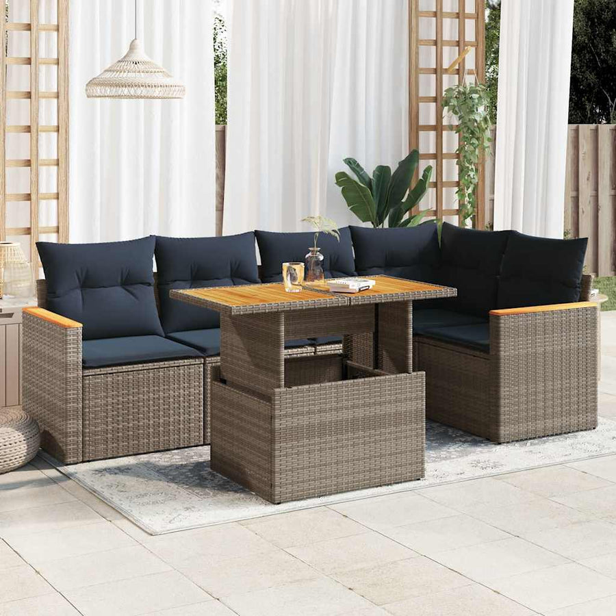 6-delige Loungeset met kussens poly rattan grijs