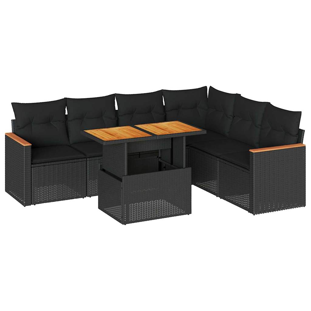 7-delige Loungeset met kussens poly rattan acacia zwart