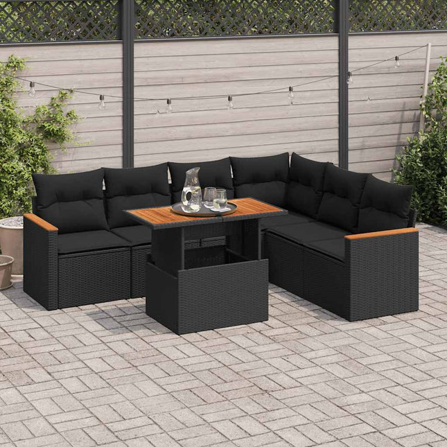 7-delige Loungeset met kussens poly rattan acacia zwart