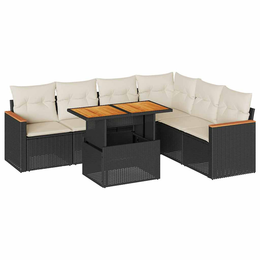7-delige Loungeset met kussens poly rattan acacia zwart