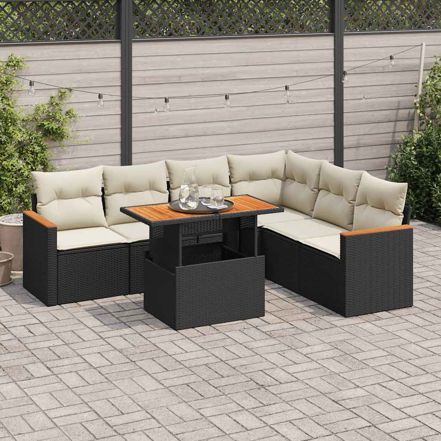 7-delige Loungeset met kussens poly rattan acacia zwart