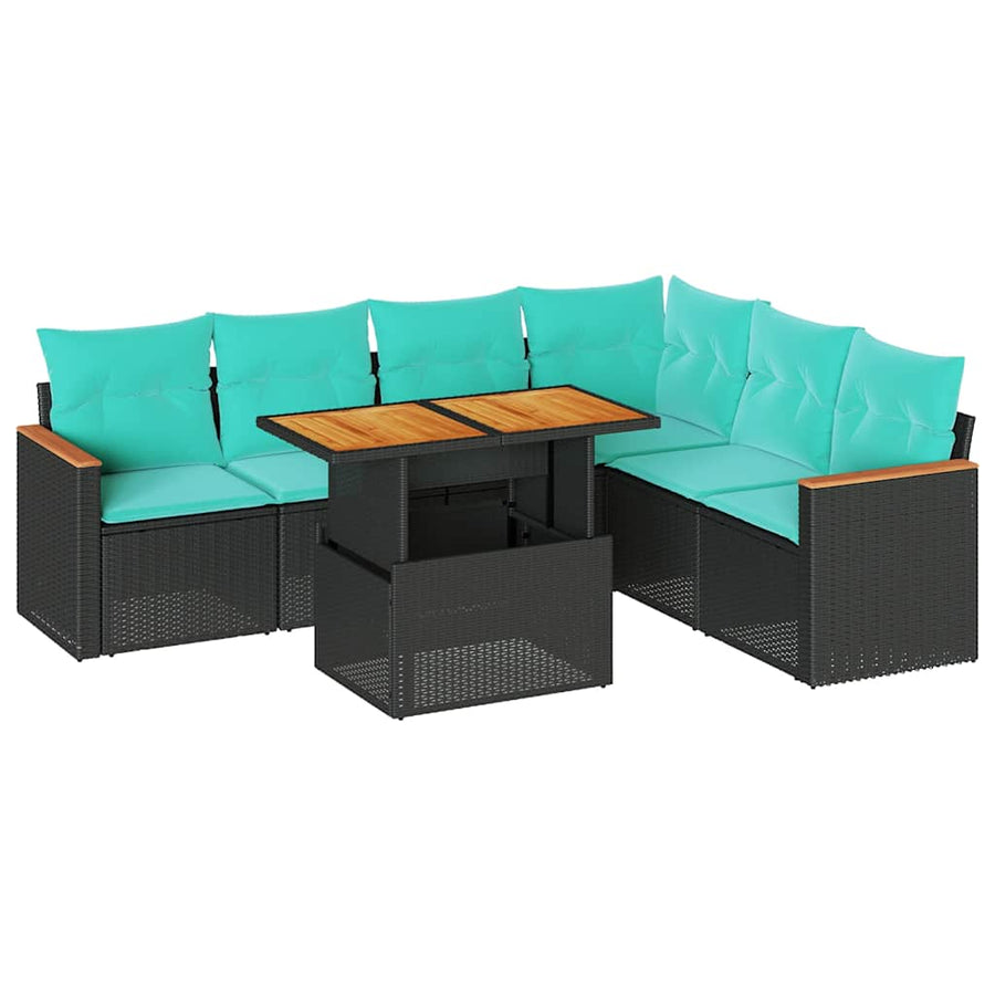 7-delige Loungeset met kussens poly rattan zwart