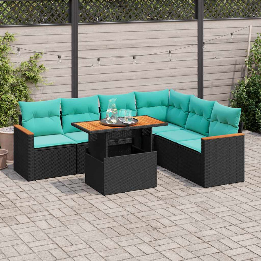 7-delige Loungeset met kussens poly rattan zwart