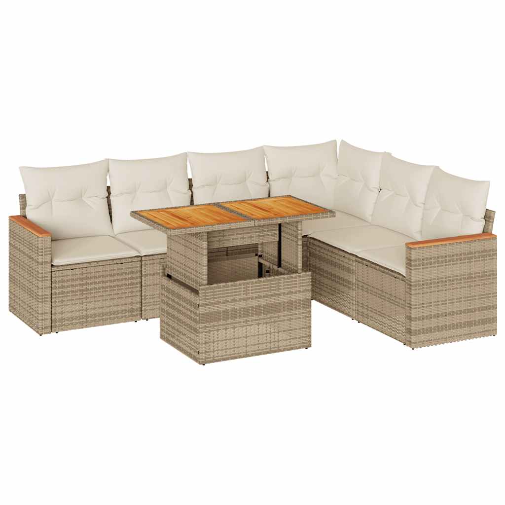 7-delige Loungeset met kussens poly rattan acacia beige