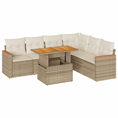 7-delige Loungeset met kussens poly rattan acacia beige