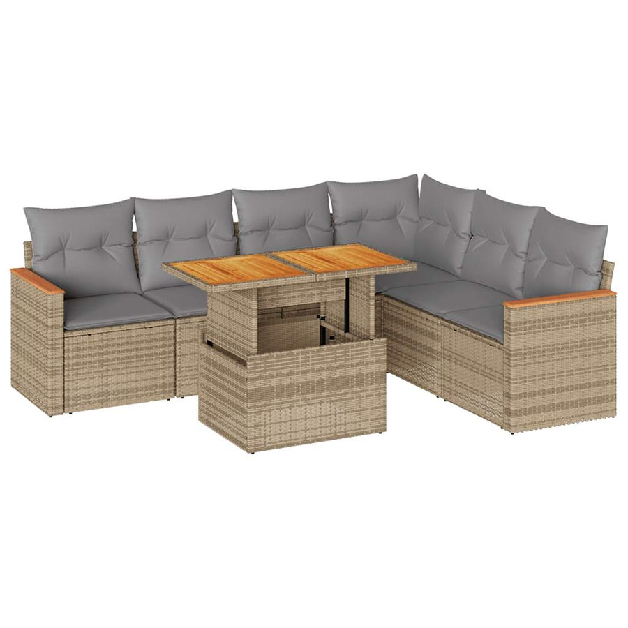 7-delige Loungeset met kussens poly rattan acacia beige