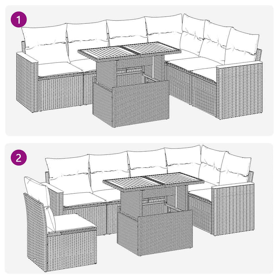 7-delige Loungeset met kussens poly rattan acacia grijs