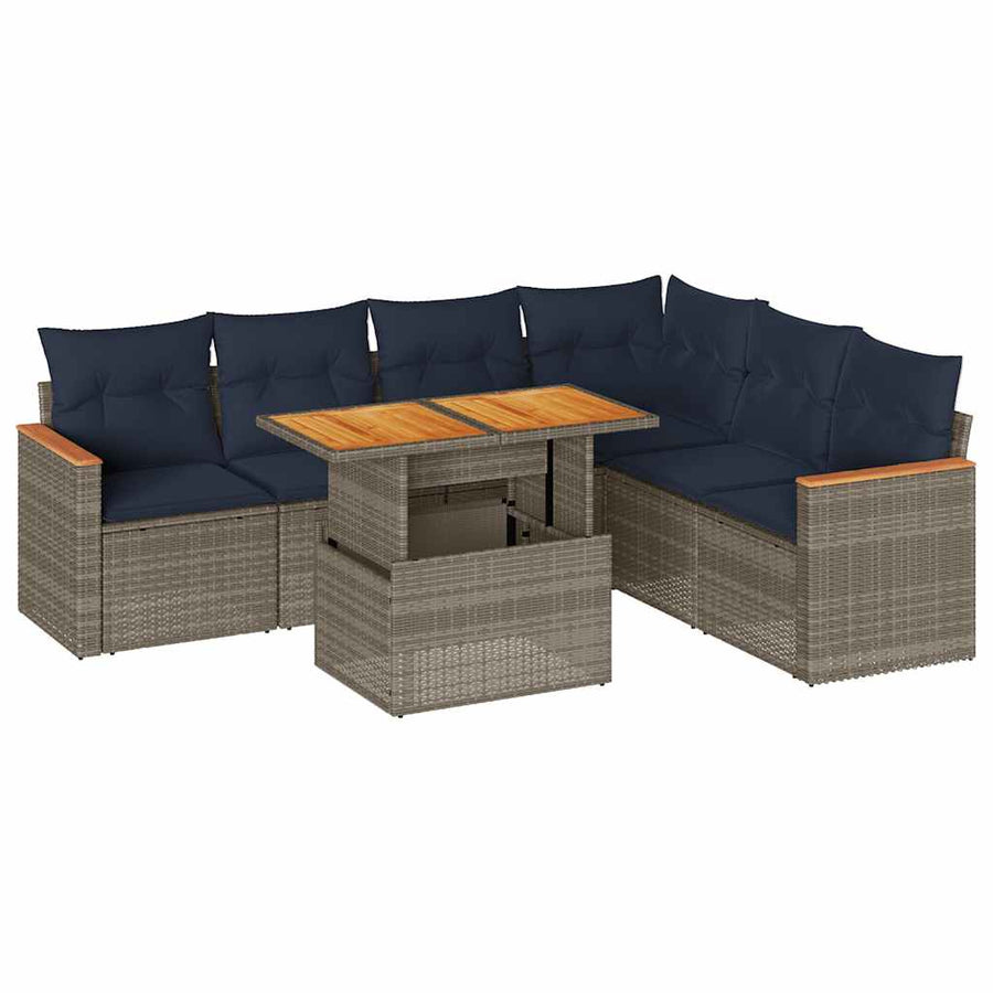 7-delige Loungeset met kussens poly rattan grijs