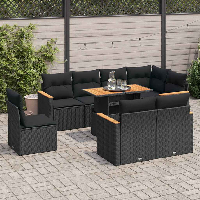 9-delige Loungeset met kussens poly rattan acacia zwart