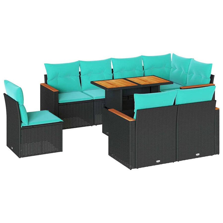 9-delige Loungeset met kussens poly rattan zwart