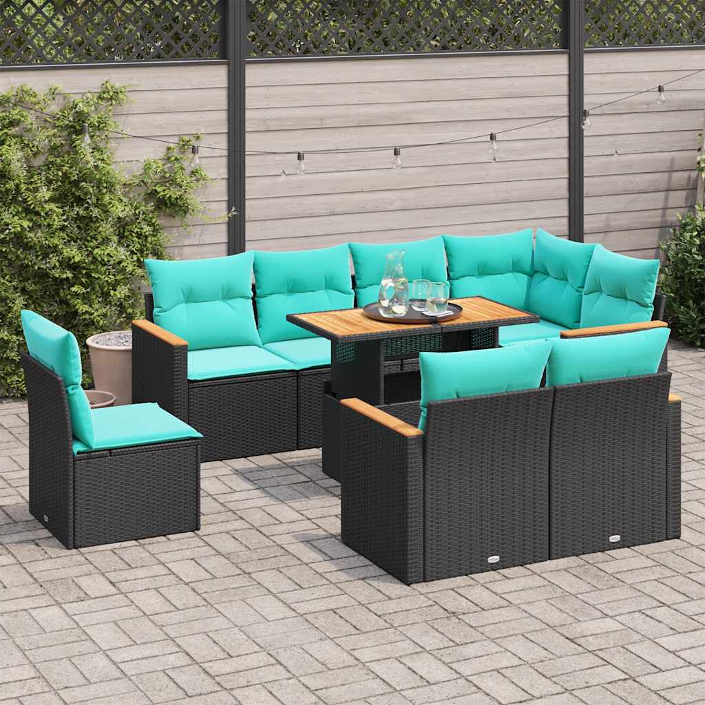 9-delige Loungeset met kussens poly rattan zwart