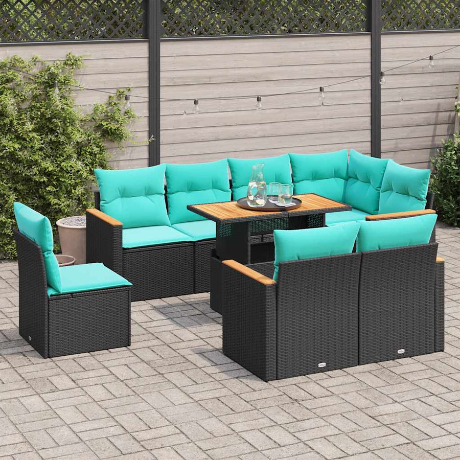 9-delige Loungeset met kussens poly rattan zwart