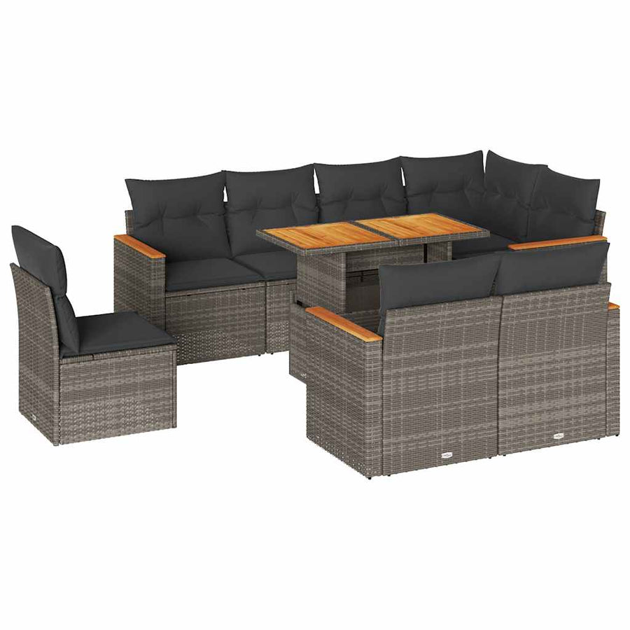 9-delige Loungeset met kussens poly rattan acacia grijs