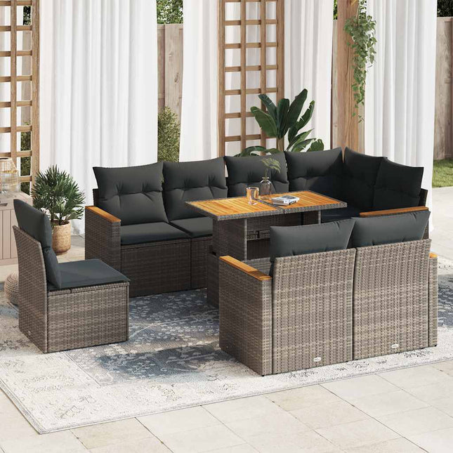 9-delige Loungeset met kussens poly rattan acacia grijs