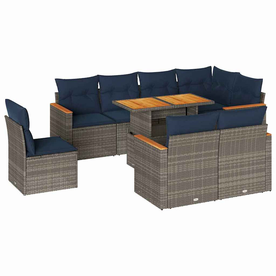 9-delige Loungeset met kussens poly rattan grijs