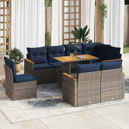 9-delige Loungeset met kussens poly rattan grijs