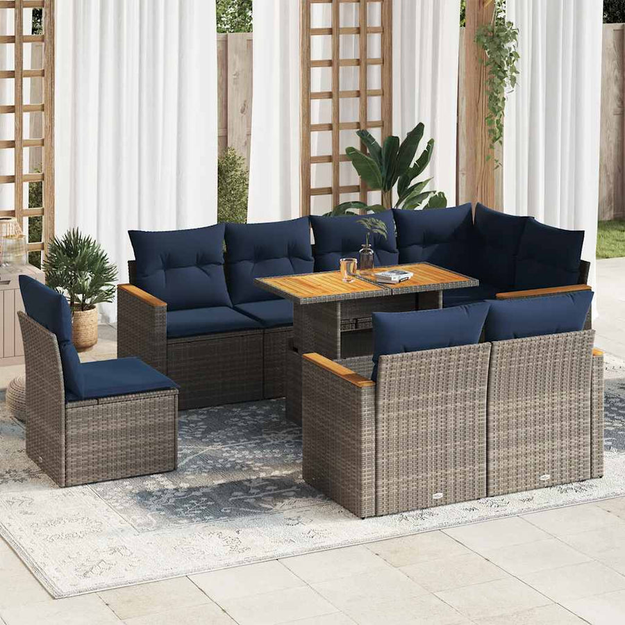 9-delige Loungeset met kussens poly rattan grijs