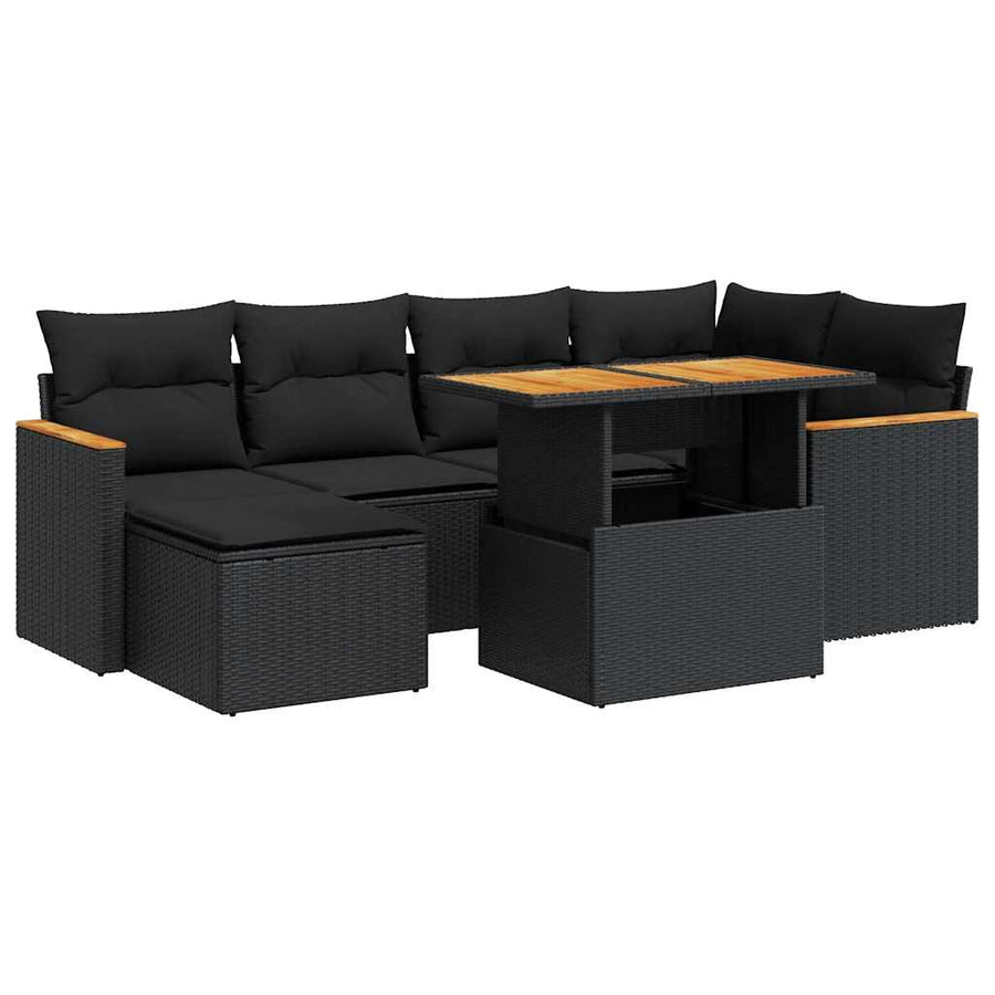 7-delige Loungeset met kussens poly rattan acacia zwart