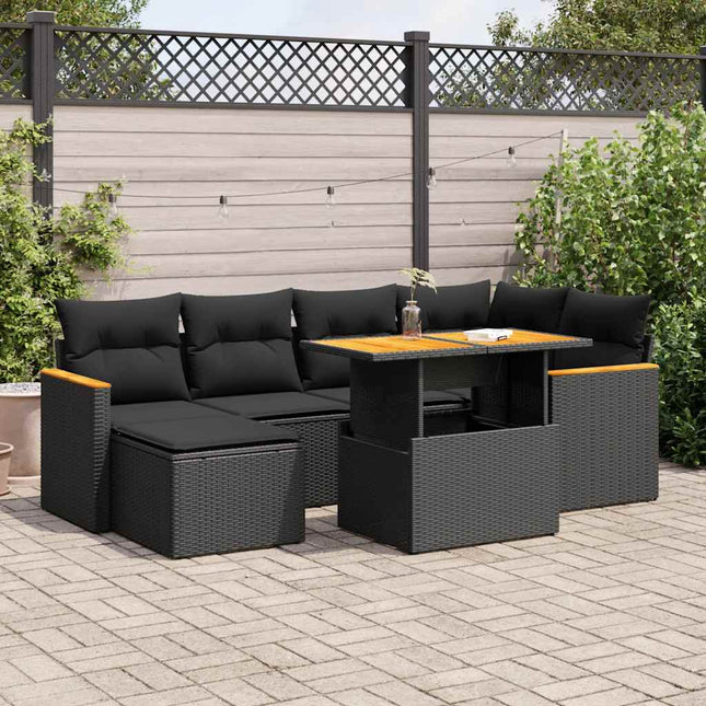 7-delige Loungeset met kussens poly rattan acacia zwart