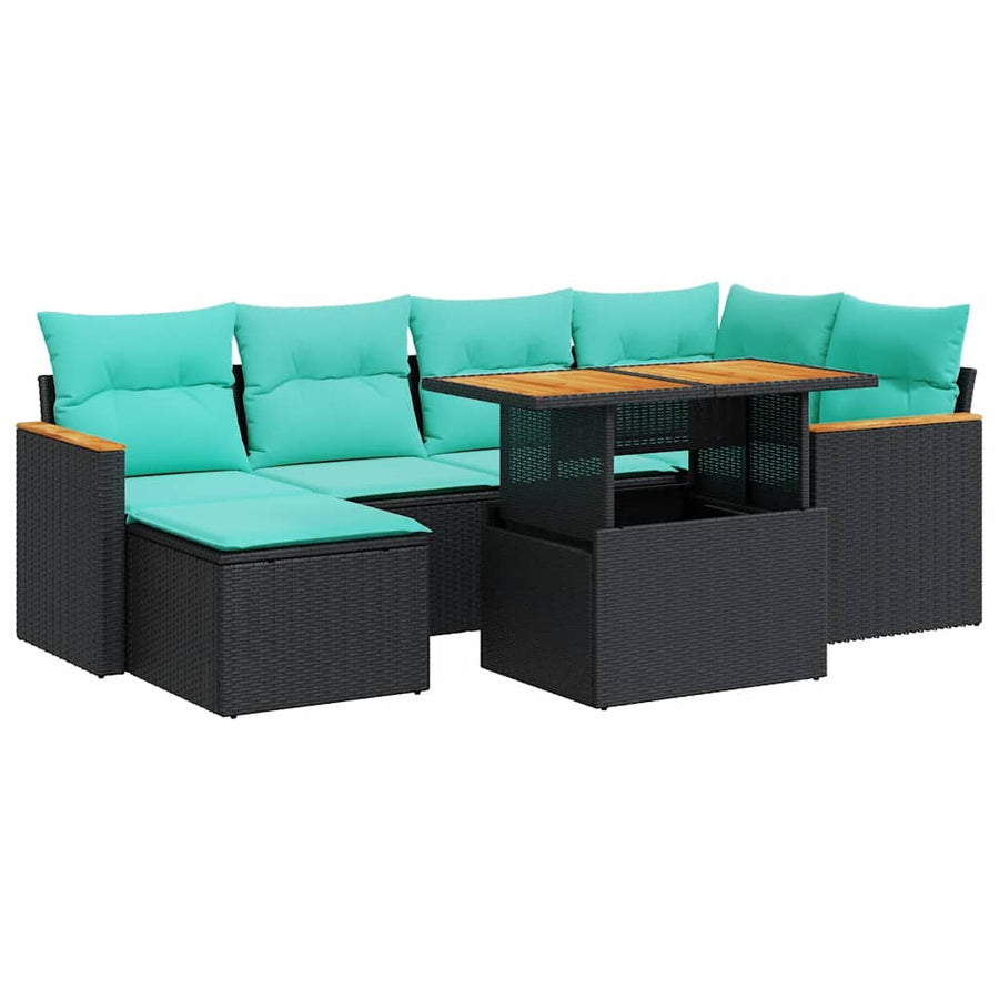 7-delige Loungeset met kussens poly rattan zwart