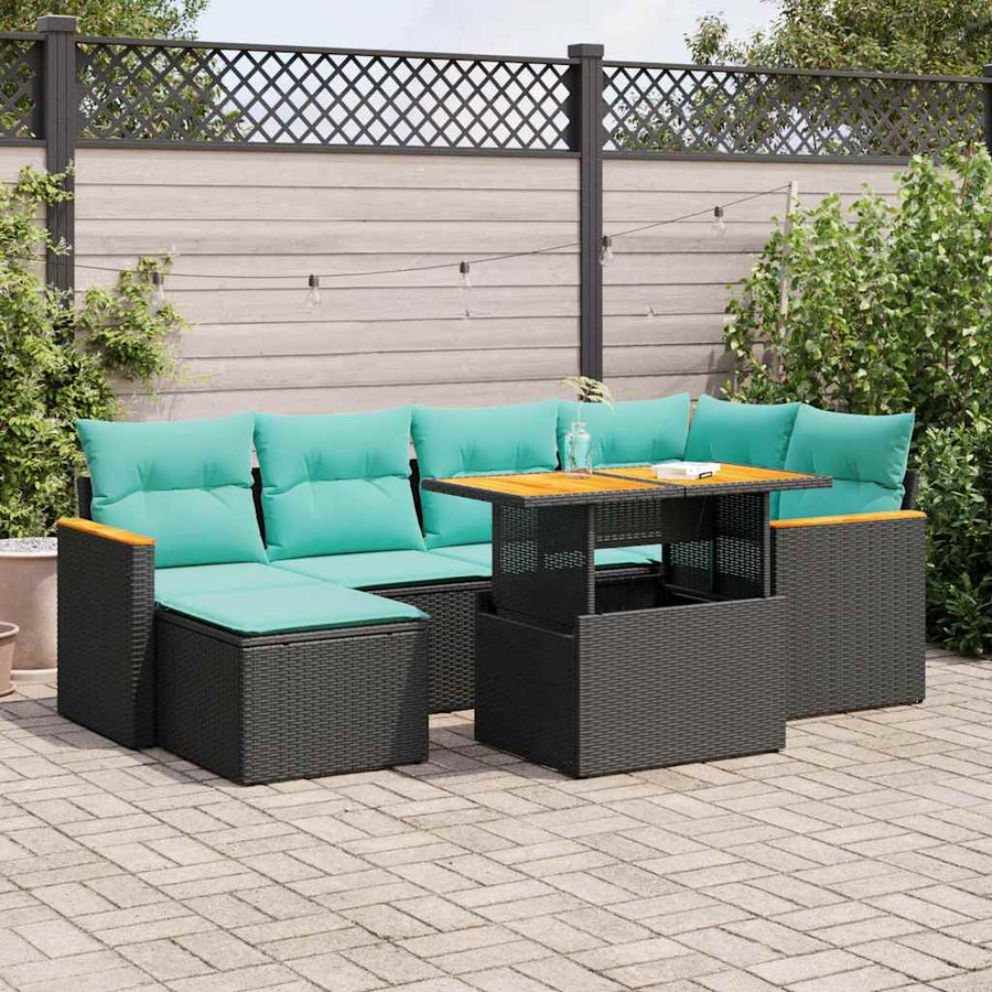7-delige Loungeset met kussens poly rattan zwart