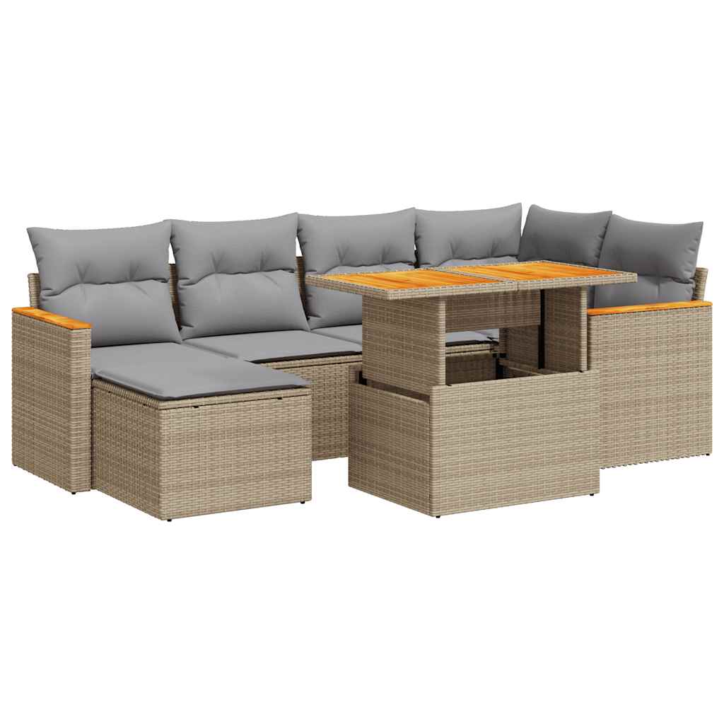 7-delige Loungeset met kussens poly rattan acacia beige