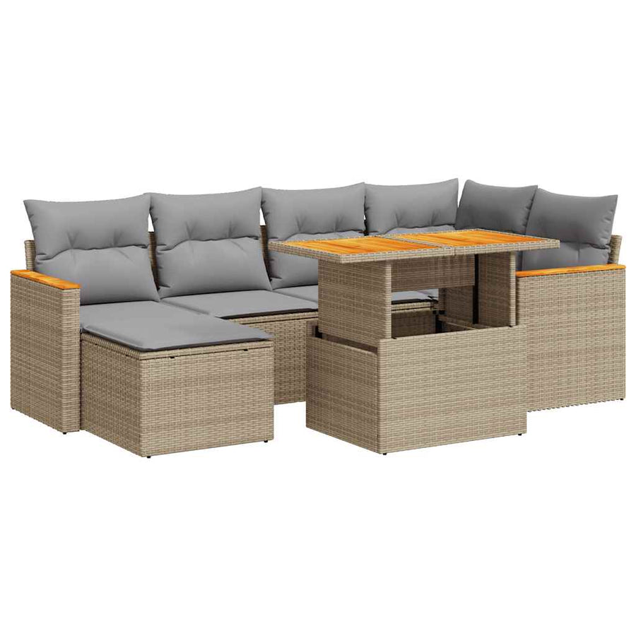 7-delige Loungeset met kussens poly rattan acacia beige