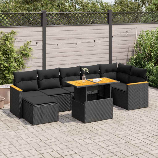 8-delige Loungeset met kussens poly rattan acacia zwart