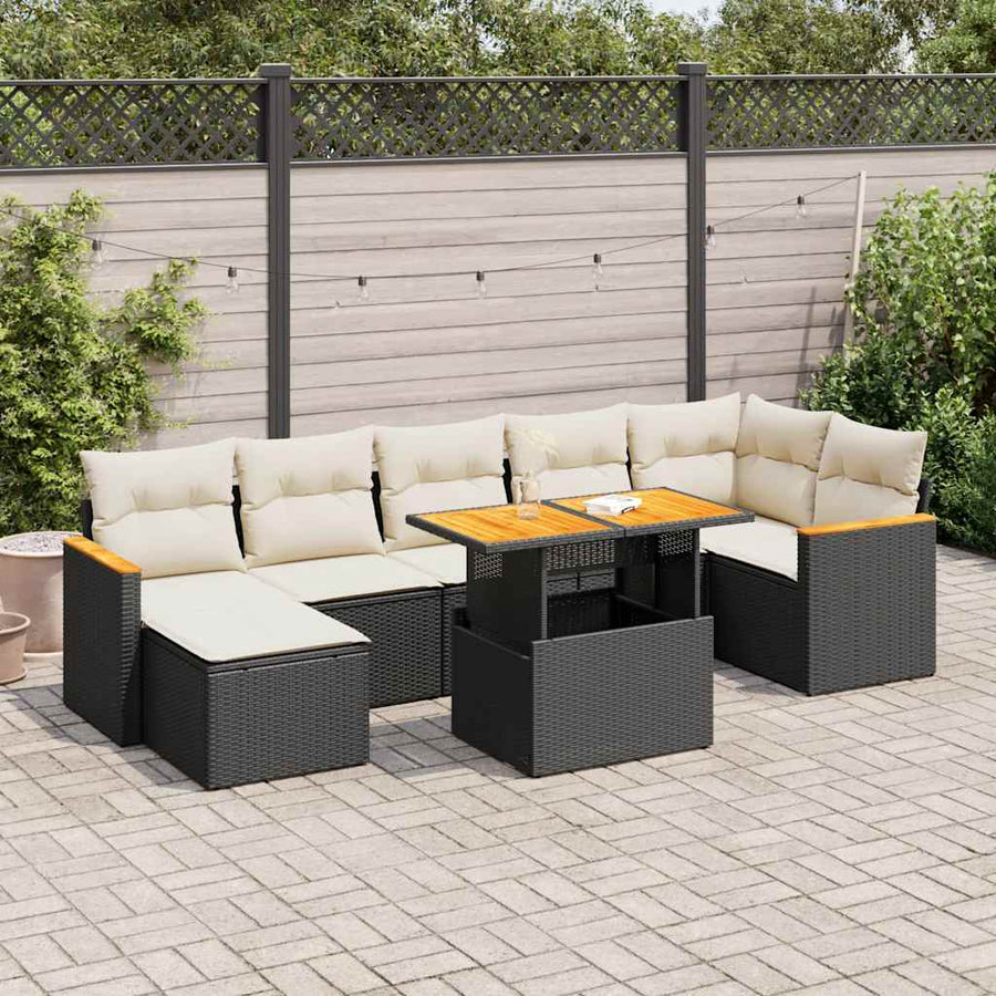8-delige Loungeset met kussens poly rattan acacia zwart
