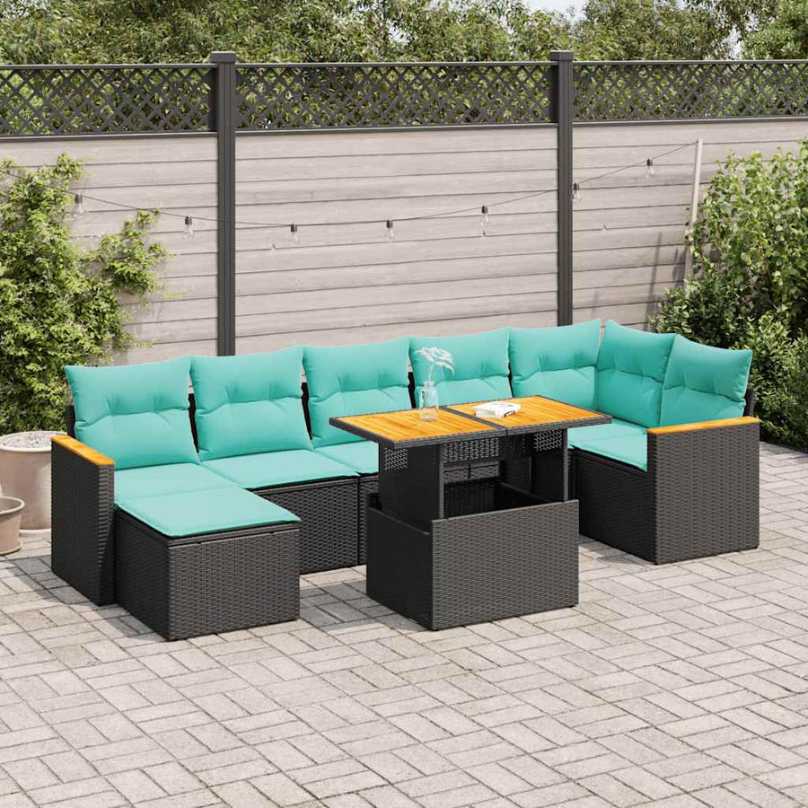 8-delige Loungeset met kussens poly rattan acacia zwart