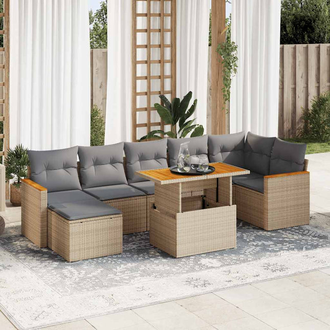 8-delige Loungeset met kussens poly rattan acacia beige