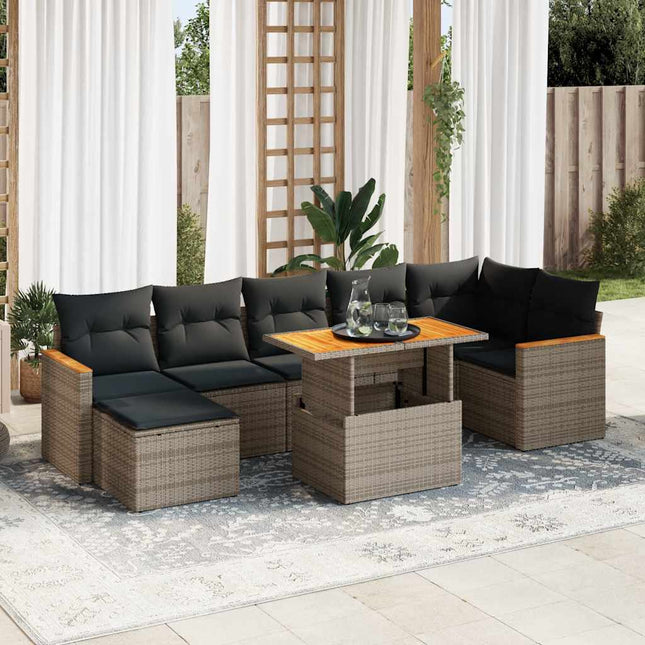 8-delige Loungeset met kussens poly rattan acacia grijs