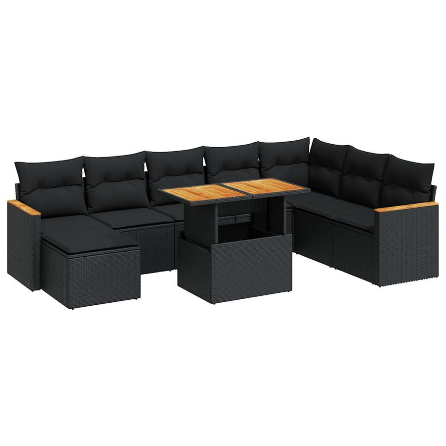 9-delige Loungeset met kussens poly rattan acacia zwart