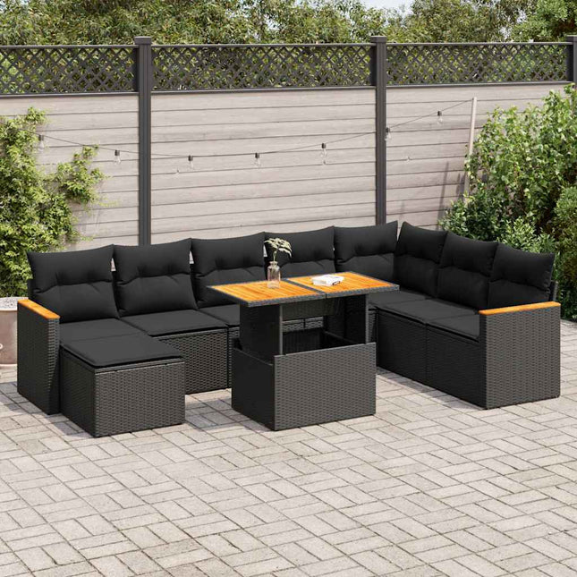 9-delige Loungeset met kussens poly rattan acacia zwart