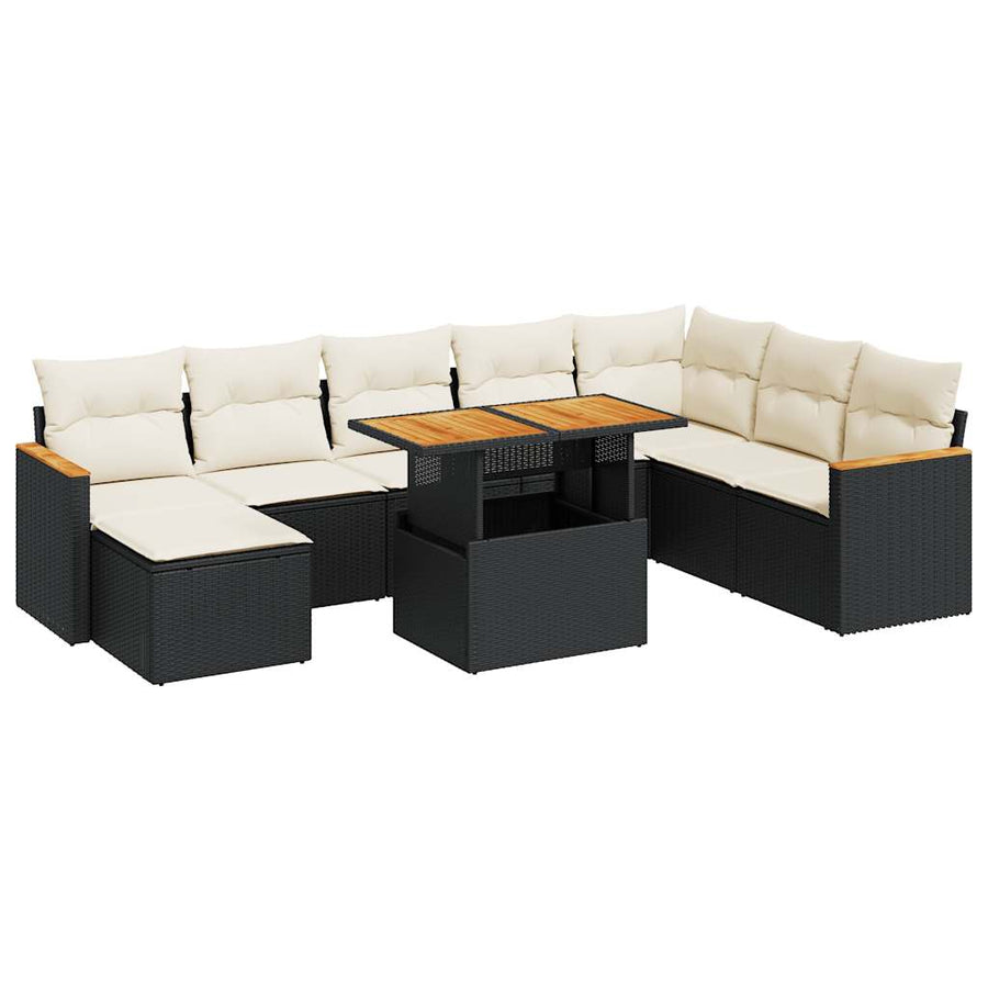9-delige Loungeset met kussens poly rattan acacia zwart
