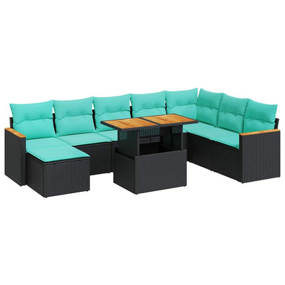 9-delige Loungeset met kussens poly rattan zwart