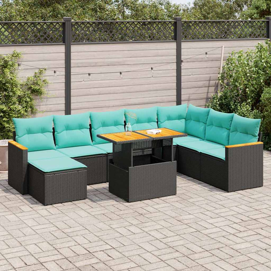 9-delige Loungeset met kussens poly rattan zwart