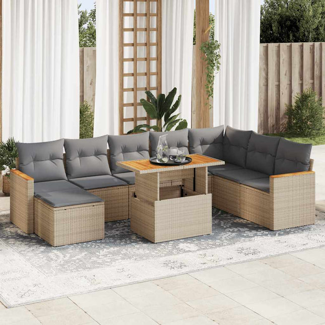 9-delige Loungeset met kussens poly rattan acacia beige